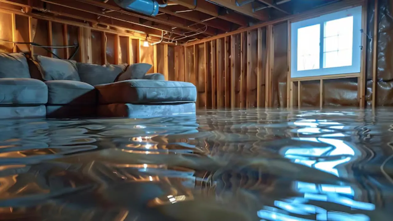 Flooded lower-level room with a sofa sitting in standing water and exposed wall framing